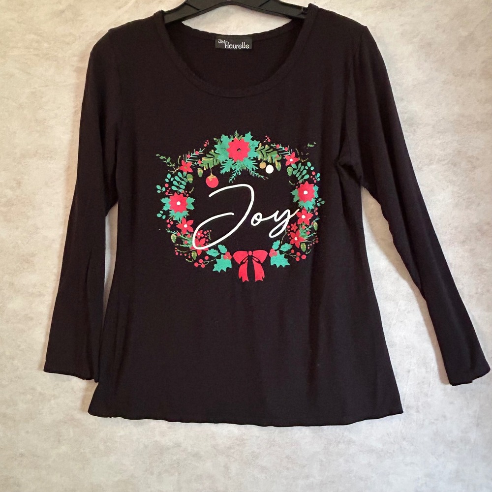 JM Fleurette Womens Black Joy Christmas Wreath Long Sleeve Graphic Tee Medium